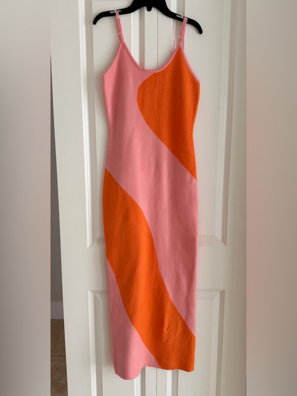 Pink & Orange Wavy Knit Midi Dress Bodycon Stretch S/M